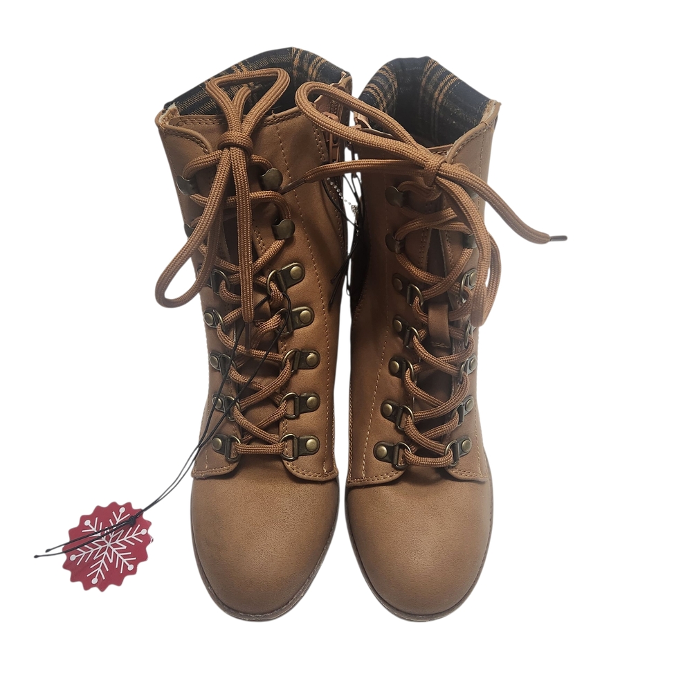 Andiamo Lace-Up Boots Women’s 8.5M Brown Plaid Trim Boho Chic NEW - Picture 4 of 13
